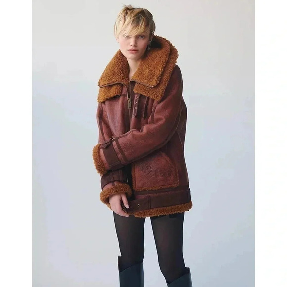 New Free People Maverick Shearling Jacket Moto Leather We The Free Brown - Picture 4 of 17